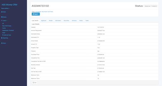 ASG Money CRM Homepage Screenshot